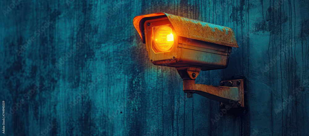 Poster security camera with infrared light on the side of a building extreme closeup. generative ai