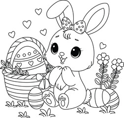Easter bunny with basket of painted eggs coloring page for kids