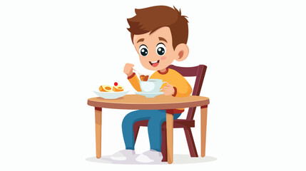 Little boy eating breakfast isolated on white background