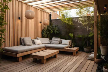 Contemporary outdoor lounge in the backyard, there are plants, a table and a wooden wall, as well as a sofa, an armchair and lanterns