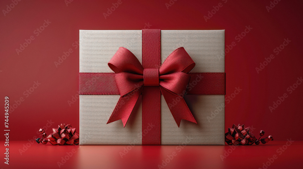 Poster white gift box with red ribbon and bow on a red background. generative ai
