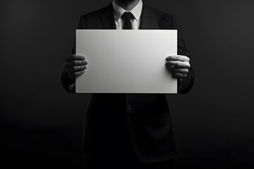 A man in a suit holds a white A4 sheet, mockup, layout. Concept for business lettering, blank. Shot on a gray background.