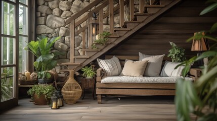 Fototapeta na wymiar Rustic Wooden Stairs Incorporate rustic charm into your sunroom with a wooden staircase crafted from reclaimed or distressed wood