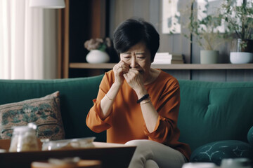 a distraught senior Asian woman feeling unwell, suffering from a headache while sitting on sofa in the living room at home