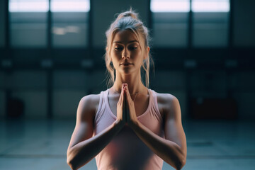 Fototapeta na wymiar A Focused Beautiful Blonde Sportswoman Doing Yoga With Her Eyes Closed And Hands Joined