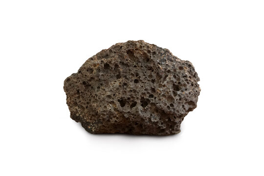 Sample raw of scoria rock isolated on white background. Scoria is a pyroclastic and highly vesicular.