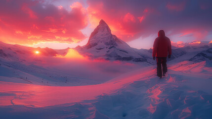 Glaciers, crevasses, Matterhorn, distant man, frosty dunes, sunrise, lenticular clouds, backlit stormy peaks, foggy snow mountains.generative ai