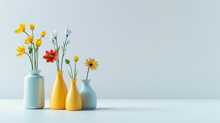 Very beautiful Colorful spring flowers in bright vases, realistic photo, pure white background, solid color fill, simple color scheme - obrazy, fototapety, plakaty