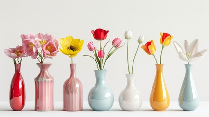 Very beautiful Colorful spring flowers in bright vases, realistic photo, pure white background, solid color fill, simple color scheme