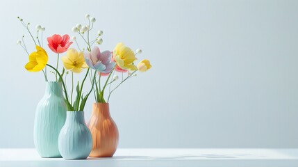 Very beautiful Colorful spring flowers in bright vases, realistic photo, pure white background, solid color fill, simple color scheme