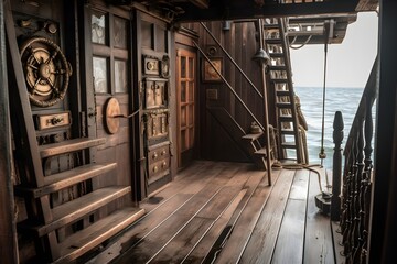 Fototapeta na wymiar Deck of a pirate ship with a door to the captain's quarters and stairs leading to the galley