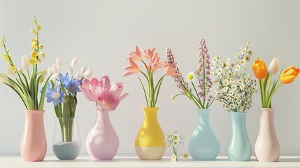 Very beautiful Colorful spring flowers in bright vases, realistic photo, pure white background,...