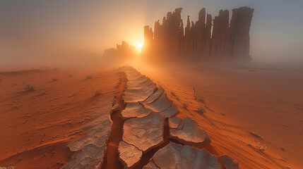 cracked lines of sand and clay leading into jagged desert rock spires of Saudi Arabia tabuk region,generative ai - obrazy, fototapety, plakaty