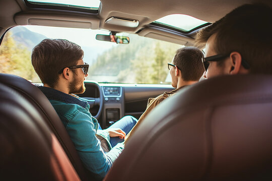 a group of people inside a car, on a road trip. view from the back seat. 