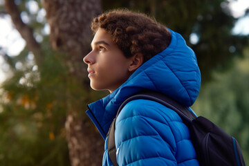 a handsome young man in profile in nature, a teenage boy in a blue puffer jacket & creme hoodie photographed as he looks out into the distance from his vantage point in amongst natural green foliage - obrazy, fototapety, plakaty