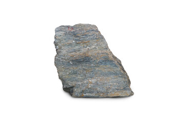 Raw specimen of Mica Schist metamorphic rock stone isolated on white background.