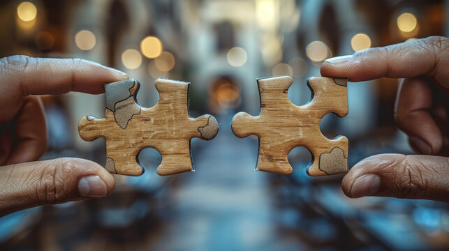 Closeup image of hand two businessman try to fit in puzzle pieces, symbolics of teamwork, Rules of third,generative ai