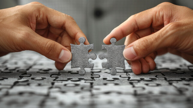 Closeup image of hand two businessman try to fit in puzzle pieces, symbolics of teamwork, Rules of third,generative ai