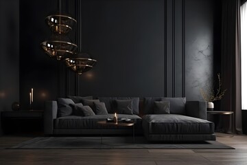 luxury modern dark living room interior, mock up of a black empty wall