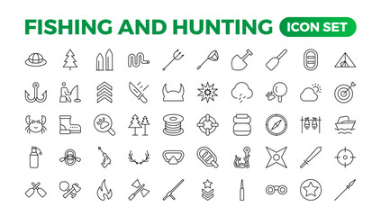 Hunting and fishing icon set.Hunting and fishing line icons collection. Big UI icon set in a flat design. Thin outline icons pack. Mushrooming, Fishing, and Hunting. Outline icon set.