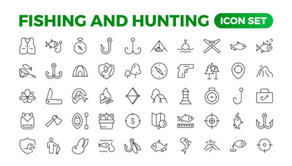 Hunting and fishing icon set.Hunting and fishing line icons collection. Big UI icon set in a flat design. Thin outline icons pack. Mushrooming, Fishing, and Hunting. Outline icon set.