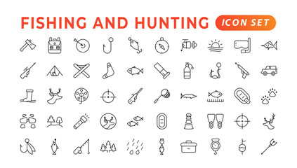 Hunting and fishing icon set.Hunting and fishing line icons collection. Big UI icon set in a flat design. Thin outline icons pack. Mushrooming, Fishing, and Hunting. Outline icon set.