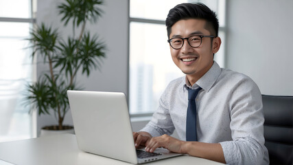 Young Asian business man using laptop computer and smiling looking at camera isolated on white background