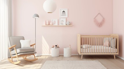 Scandinavian-inspired Nursery with Soft Pastel Pink Walls and Gender-neutral Decor Design a serene and stylish nursery with soft pastel pink walls inspired by Scandinavian design principles