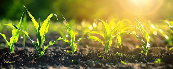 Fototapeta premium Sprouts of young corn plants growing on the field fertile soil