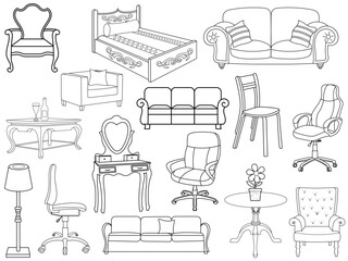 Collection of elegant modern furniture and home interior decorations of trendy. Kitchen, bedroom, sofa table, bookcase closet, chair, mattress, lamps, ladder vector illustrations