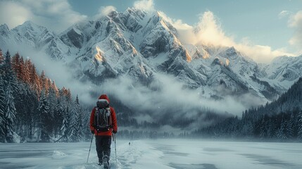 Man mountaineer walking with snow footprint on snow peak.