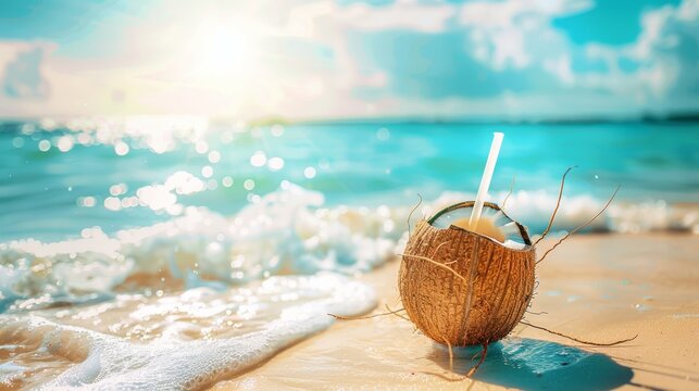 Sun-kissed paradise awaits: Coconut cradled in white straw beckons beside turquoise waves, sunlight shimmering on the shore