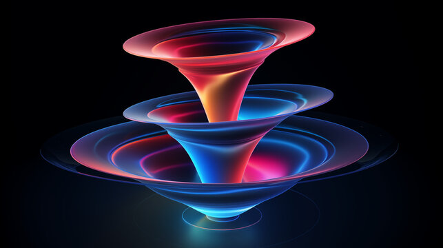 Colorful 3d model funnel flow, 5 layers, levitating, on dark blue background