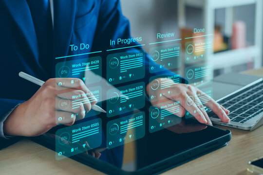 Project plan and manage concept. Project manager update tasks and milestones progress plan schedule interface program. Digital business project timeline manage. Business planning software technology