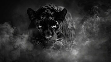 Emerald eyes ablaze, a panther emerges from smoke, its roar echoing the primal fear in the darkness