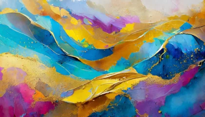 Deurstickers Currents of translucent hues, snaking metallic swirls, and foamy sprays of color shape the landscape of these free-flowing textures. Natural luxury abstract fluid art painting in alcohol ink technique © Dakwah