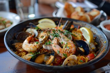 Spanish seafood paella set for you, in the style of rich and immersive, framing, marble, whistlerian, sensory experience