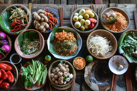 Ingredients for a thai meal, in the style of intricate storytelling, traditional vietnamese, nature-inspired installations, uhd image, pictorial harmony, raw authenticity