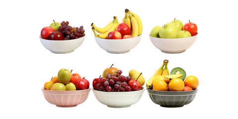 Collection of fruit in plastic bowl isolated on a white background as transparent PNG