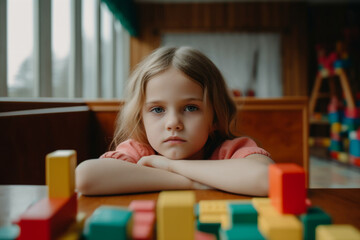 a little girl looks disinterested in her colourful building blocks - obrazy, fototapety, plakaty