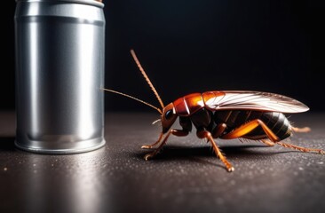 Cockroach close-up and repellent, insect exterminator with space for text, cockroach extermination indoors, aerosol can of poison