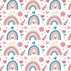 Seamless pattern with rainbows and flowers in Scandinavian style.