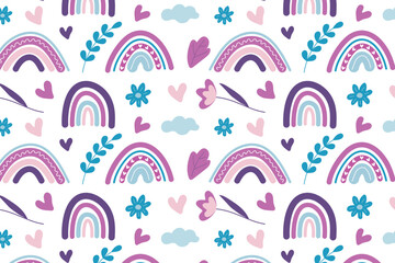 Fototapeta na wymiar Seamless pattern with rainbows and flowers in Scandinavian style, in lilac tones.