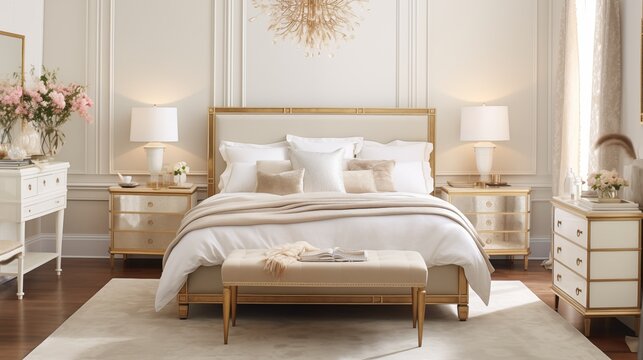 Timeless Classic-inspired Bedroom with Soft Cream Walls and Subtle Gold Accents Create a timeless and elegant bedroom retreat with a soft and sophisticated color palette inspired by classic design