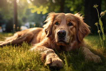 a long-haired golden retriever lies on his back on grass - obrazy, fototapety, plakaty