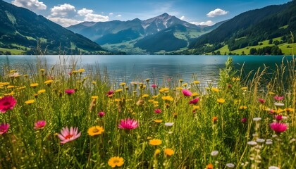 Fototapeta na wymiar Beautiful summer scene, with a field of flowers, mountains and a blue lake