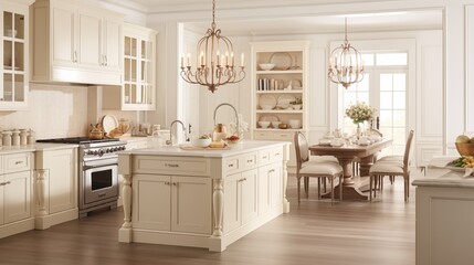 Fototapeta na wymiar Traditional-inspired Kitchen with Soft Ivory Walls and Classic Elegance Create a timeless and elegant kitchen with soft ivory walls that exude warmth and sophistication