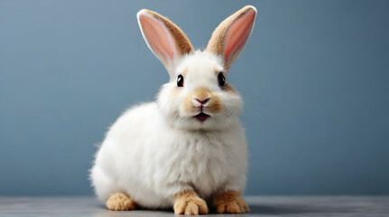 Fototapeta premium cute animal pet rabbit or bunny white color smiling and laughing isolated with copy space for easter background, rabbit, animal, pet, cute, fur, ear, mammal, background, celebration, generate.ai
