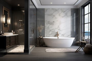 Fototapeta na wymiar A luxury bathroom with a walk-in tiled shower and standalone tub