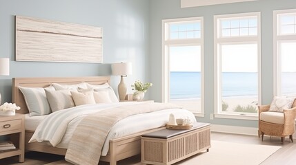 Fototapeta na wymiar Tranquil Coastal-inspired Bedroom with Soft Blue Walls and Sandy Beige Accents Create a serene and calming bedroom retreat inspired by the colors of the coast